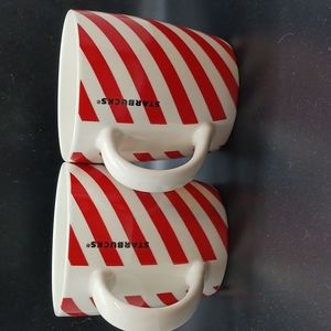Two Starbucks Christmas /Holiday Coffee Mugs  Red & White Striped  12 Fluid Oz.